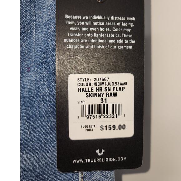 True Religion Halle Flap Skinny Raw Jeans - Medium Cloudless Wash Size 31 - Picture 7 of 14